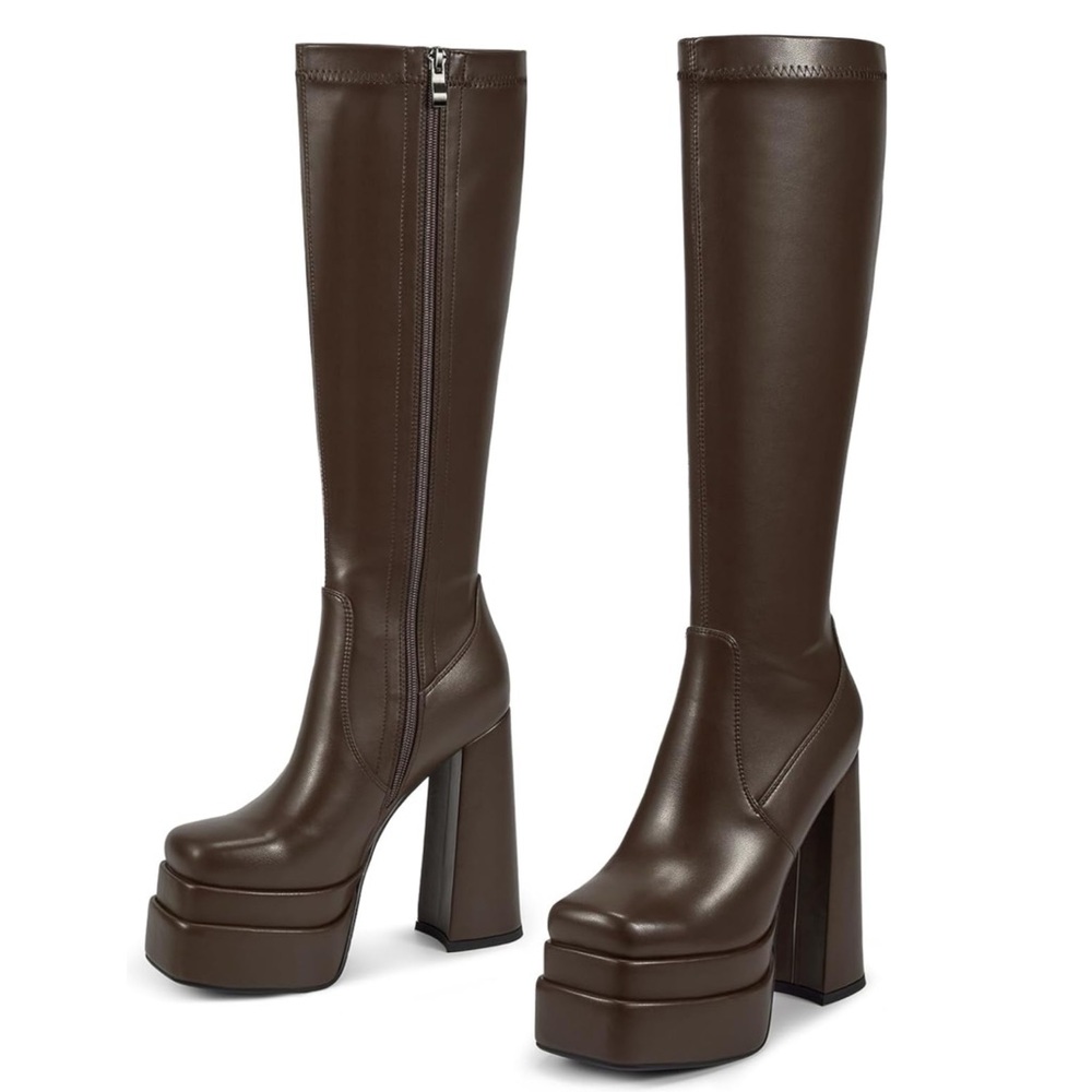 WET KISS • Brown Platform Knee High Boots Women Chunky Heel Includes Box - Picture 5 of 6